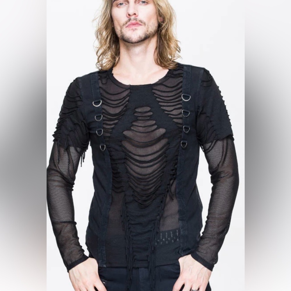 Men’s Goth, Punk Edgy Black Destroyed, Mesh Sleeve Cotton Top w D Ring Detail